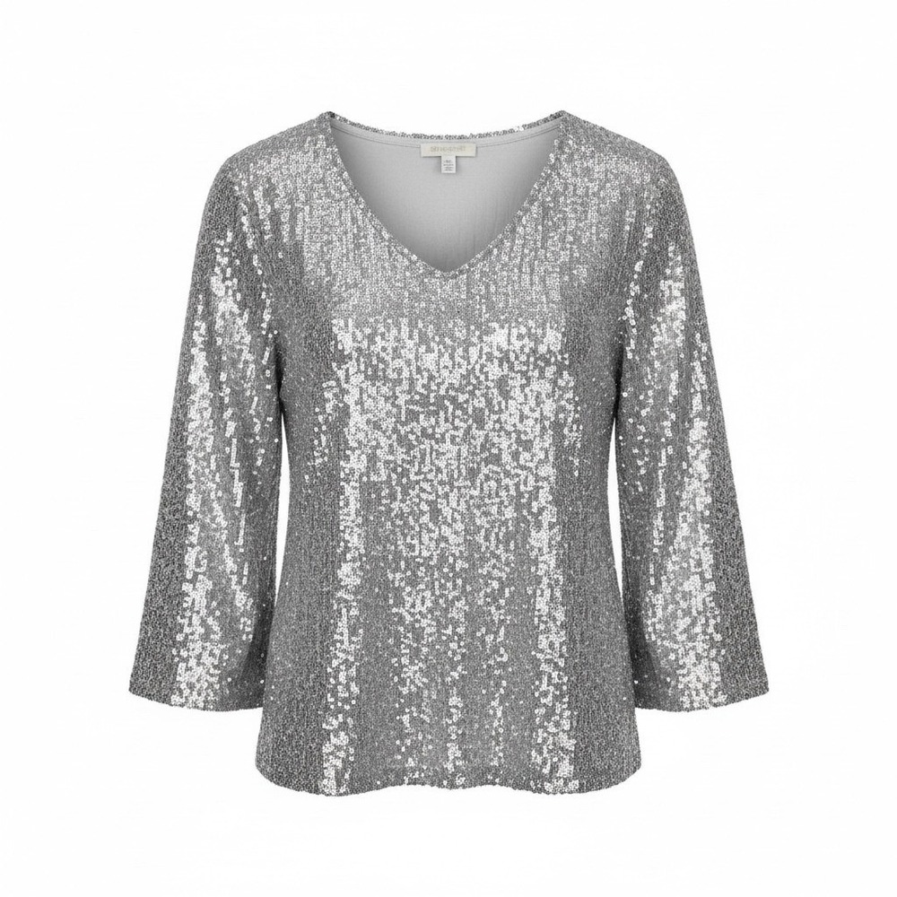 Spense Sequin Blouse Womens Small Silver V-Neck 3/4 Sleeve Glam Party Top NEW